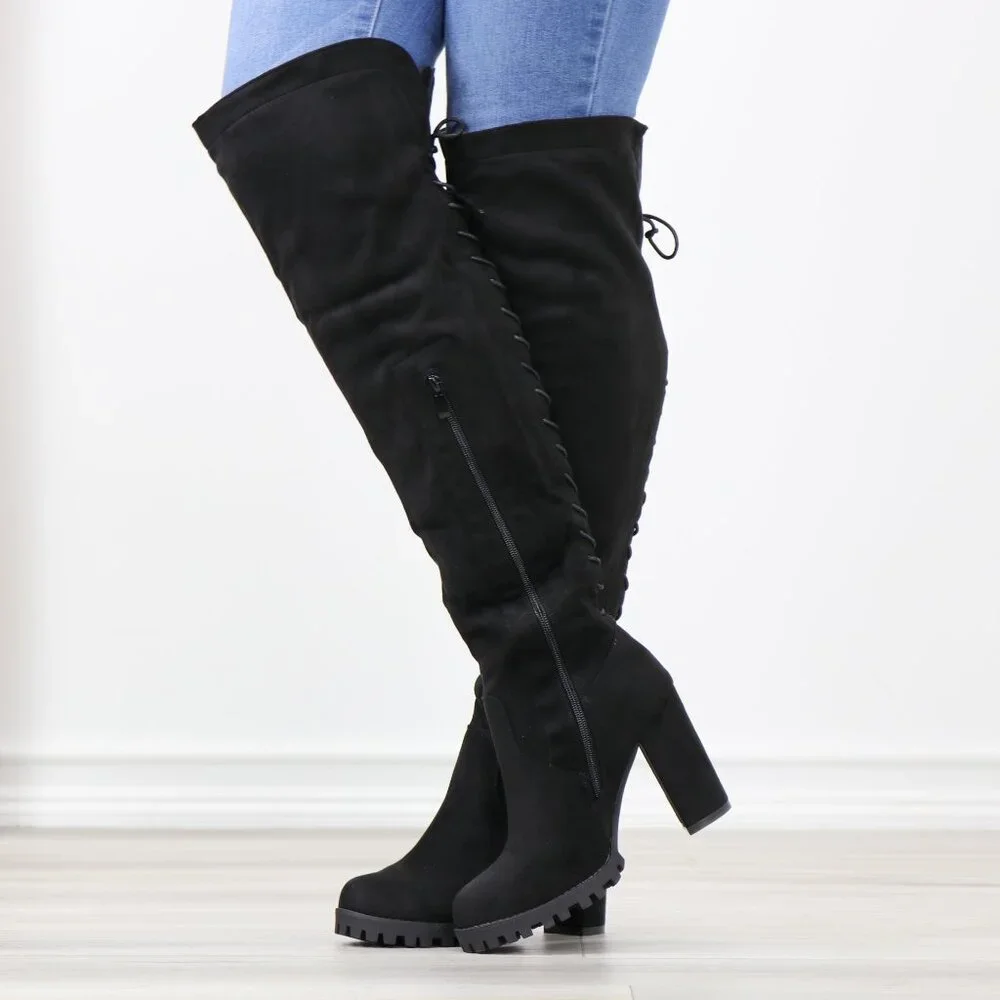 Full Lace-Up Back Black Faux Suede Thigh High Over The Knee Lug Block Heel Boots